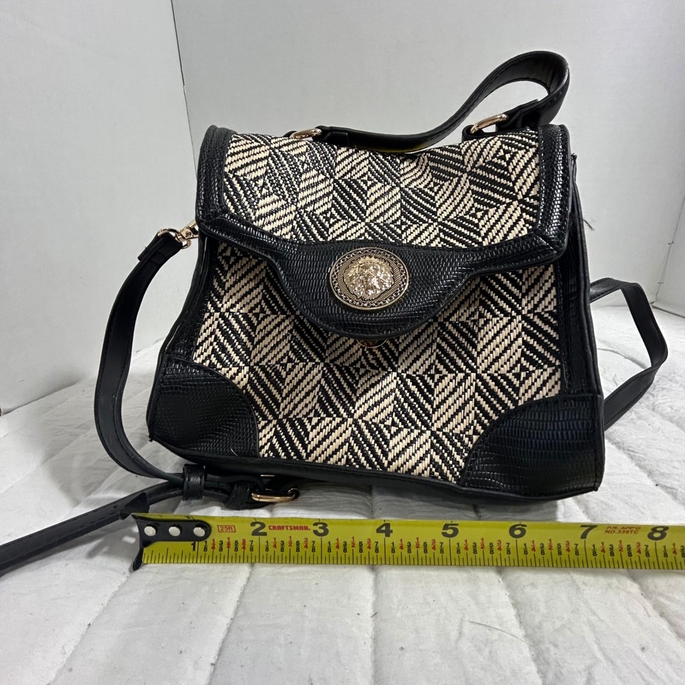 Aldo Black Cream Woven Geometric Lion Head Medallion Crossbody Satchel Bag